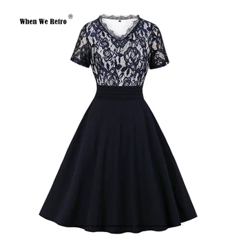 2021 Новое Элегантное Женское платье VD1785 с V-образным вырезом и коротким рукавом, кружевное темно-синее винтажное Летнее праздничное платье