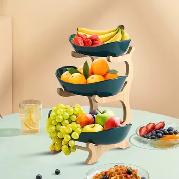 3-ярусная корзина для фруктов для кухни Пластиковая ваза для фруктов с бамбуковой подставкой Простая установка Подставка для тарелок для закусок, десертов, тортов