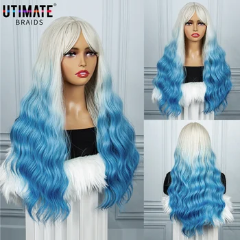 30-дюймовый Белый Синтетический парик Омбре синего цвета с длинными волнистыми натуральными термостойкими белыми и черными волосами Для женщин, парик для вечеринок на каждый день с челкой