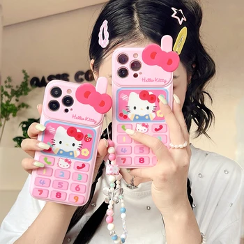 3D Мультяшный Розовый Sanrio Hello Kitty С Ремешком Чехол Для Телефона Для iPhone 15 14 13 12 11 Pro Max 14 Pro Чехол Для телефона с защитой От падения