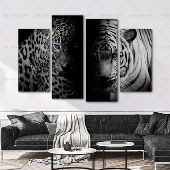 4 Панели, картина с леопардом и тигром, черно-белые принты на холсте, современный домашний декор, плакат, настенное искусство для гостиной, изображения животных
