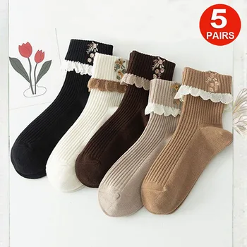 5 пар женских милых носков до щиколотки, женские кружевные носки с цветочной вышивкой, винтажные носки для экипажа, весна-осень