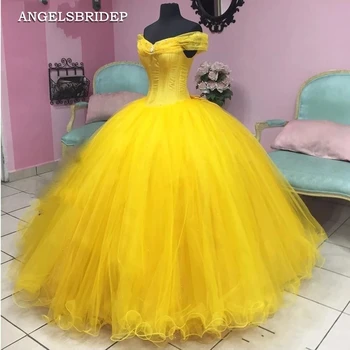 ANGELSBRIDEP/ Желтые Пышные Платья Vestidos De 15 Anos, Сексуальные Тюлевые Платья С Открытыми Плечами, Милые Бальные Платья Принцессы на 16 Дней Рождения