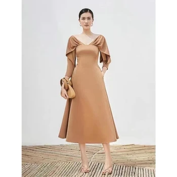 DALMAZZO Высококачественный бренд Дизайнерское Осеннее Длинное платье с открытыми рукавами Женское платье с V образным вырезом Мода Элегантный Темперамент Vestido 2023 Новинка