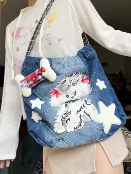 JIAERDI Y2k, джинсовая сумка в стиле гранж, женская сумка в стиле харадзюку с ромбическими собаками, повседневная сумка в стиле пэчворк, женские винтажные сумки Y2k, Эстетическая сумка