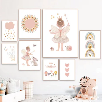 Kawaii Angel Girls, Кролик, Солнце, Радужное облако, Мультяшные Детские плакаты, картина на холсте, Настенное искусство, печать, Декор детской комнаты
