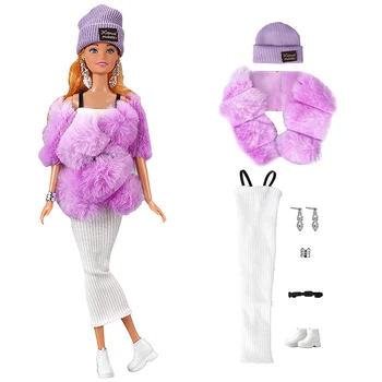 NK 1 Комплект 30 СМ Модная Фиолетовая Шаль Принцессы, Пальто, Шляпа, Белый Ремешок, Модельные Туфли, Праздничная Одежда Для Куклы Барби, Аксессуары, Подарочная Игрушка