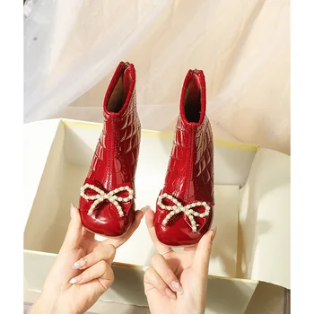 Qunq/ кожаные ботинки для девочек; новинка осени 2023 года; красные туфли принцессы на одной подошве; модная хлопчатобумажная обувь с бантом на мягкой подошве; детская обувь для девочки;