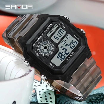 SANDA 6133 Мужские квадратные электронные часы молодежной моды с прозрачным силиконовым ремешком наручные часы для студентов мужского пола