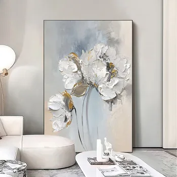Абстрактные Белые цветы Картина маслом Оригинальный современный Цветущий цветочный пейзаж Настенное искусство Декор для дома в гостиной
