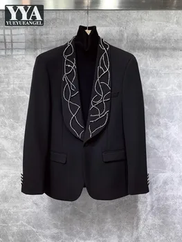 Банкетные мужские элегантные блейзеры, пальто на одной пуговице, приталенный дизайн одежды, расшитый бриллиантами Черный костюм жениха для свадебной вечеринки, пиджак