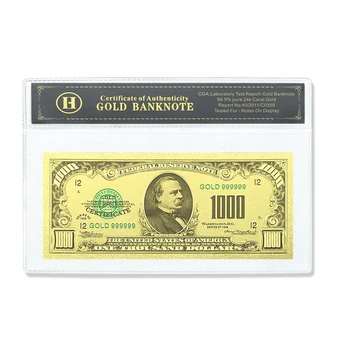 Банкнота в долларах США из золотой фольги номиналом 1000 долларов США и памятные поделки в виде ракушки, невалютные предметы коллекционирования.