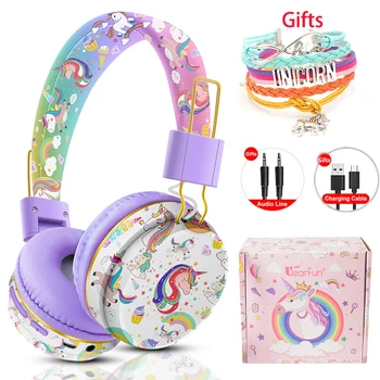 Беспроводные наушники с микрофоном Rainbow Unicorn Для детей и девочек, стереомузыкальный шлем, гарнитура, геймер, TF-карта для телефона, детские наушники