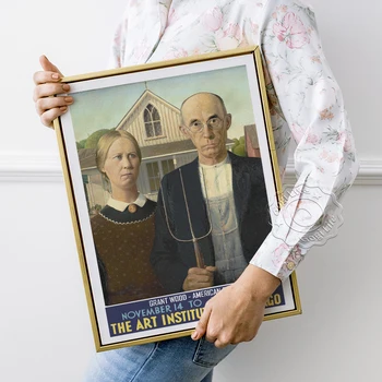 Выставочный плакат Музея Гранта Вуда, американский готический портрет, Картина на холсте, Винтажное искусство, Спальня, Гостиная, Домашний декор