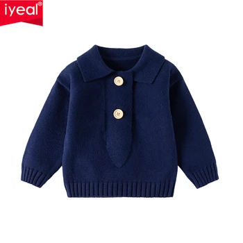 Детский свитер IYEAL, новинка осени 2023 года, однотонный свитер с отложным воротником для мальчиков и девочек, детский вязаный свитер, пальто