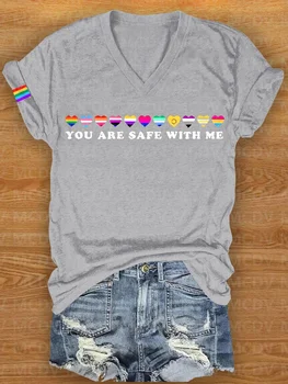 Женская футболка You Are Safe With Me с V-образным вырезом, футболки с 3D принтом по всему телу, сексуальные женские футболки для девочек