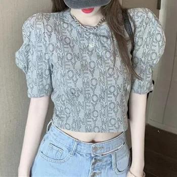 Женские модные короткие топы в корейском стиле с буквенным принтом, летняя новая женская одежда, повседневная универсальная футболка с пышным рукавом и круглым вырезом