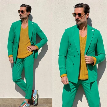 Зеленые мужские костюмы на заказ, 2 предмета, блейзер, брюки с остроконечным отворотом, однобортный, новое поступление, приталенный свадебный костюм, сшитый на заказ, плюс размер