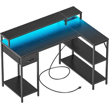 Игровой стол L-образной формы со светодиодной подсветкой и розетками питания, реверсивный компьютерный стол с полками и выдвижными ящиками