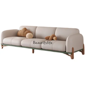 Кожаный диван из массива дерева Современный минималистичный Вишневый прямой диван в скандинавском стиле для маленькой квартиры в гостиной