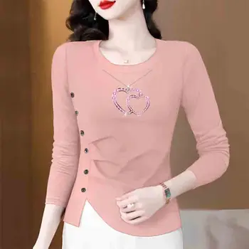 Корейская модная Женская Новая футболка с длинным рукавом, Весна-осень, хлопковый асимметричный топ с круглым вырезом и принтом, простой повседневный тонкий пуловер