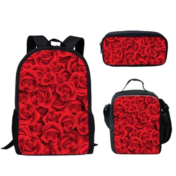 Красная роза, романтический дизайн цветов, комплект школьных сумок из 3 предметов для мальчиков и девочек-подростков, школьная сумка для студентов, повседневная сумка для книг Mochila Infantil