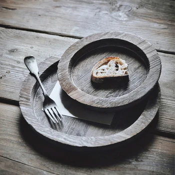 Круглый деревянный сервировочный поднос в стиле ретро, Фруктовая десертная тарелка, хлеб, Посуда, Лоток для хранения реквизита для фотографий, декор домашнего ресторана