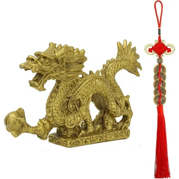 Латунная статуэтка дракона YEBON Feng Shui с набором из 5 талисманов, древних монет для богатства и успеха, хороших подарков на удачу