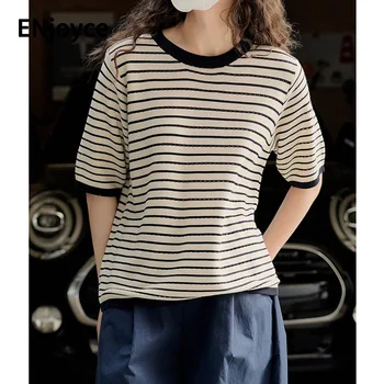 Летняя женская винтажная трикотажная футболка в полоску 2023 года, женские повседневные футболки с коротким рукавом, крутые Тонкие пуловеры, трикотажные топы