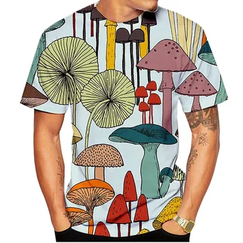 Летняя мужская и женская футболка с 3D-принтом в виде разноцветных грибов, модный повседневный круглый вырез, полиэфирное волокно.