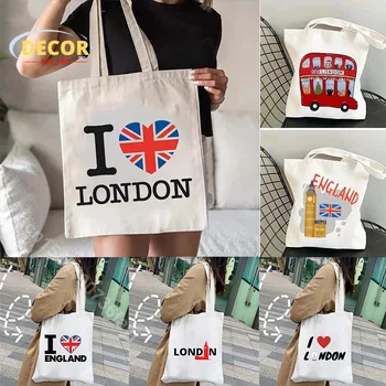 Лондонский мост, холщовая сумка-тоут, Биг Бен, флаг Англии, карта, шоппинг через плечо, пейзаж, горизонт Соединенного Королевства, Британские женские сумки