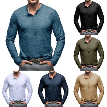 Мужская рубашка Henley Grandad с длинным рукавом, Топы, блузки, рубашки на пуговицах, Облегающая Спортивная одежда для мышц, Рубашки