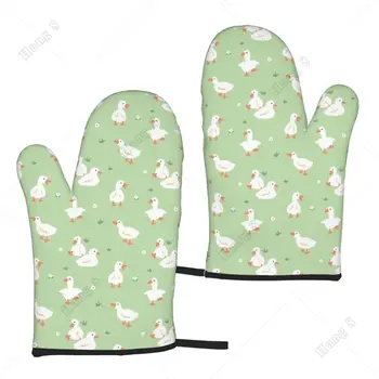 Мультяшные уточки, милые зеленые перчатки для духовки, набор из 2 термостойких перчаток для мужчин и женщин, для кухонного инструмента, приготовления пищи, гриля, барбекю