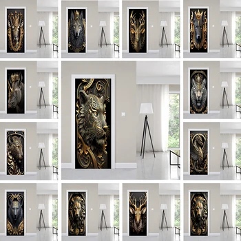 Наклейка на дверь с золотым животным 3D в скандинавском стиле современного искусства, настенная роспись для гостиной, спальни, водонепроницаемая наклейка на самоклеящиеся обои