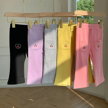 Новые Корейские Детские брюки для девочек с Милой Вишневой вышивкой Расклешенные брюки