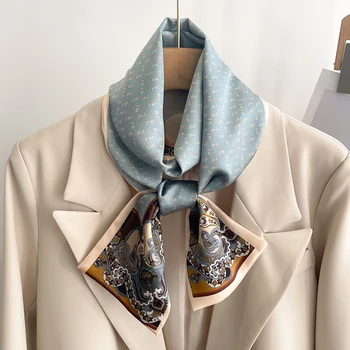 Новый мягкий шелковый гладкий маленький шейный платок, модная весенне-летняя женская лента с синим принтом в виде цветов и птиц