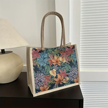 Повседневная женская сумка-тоут с цветочным рисунком, ретро-сумки через плечо большой емкости, женские льняные сумки на молнии, роскошные дизайнерские брюки