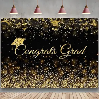 Поздравляем выпускника, Черный Фон с золотым блеском, Поздравляем Золотую Выпускную шапочку, Фоновые украшения для выпускного вечера