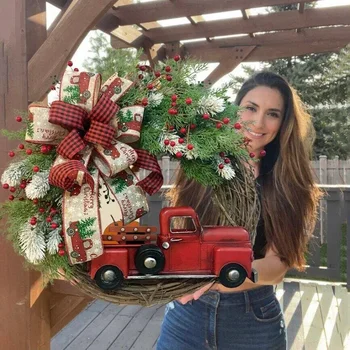 Праздничный венок из тыквы с красным грузовиком 30X30 см: идеальное украшение для Рождества и Дня Благодарения