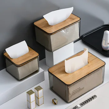Прозрачная коробка для салфеток Коробка для хранения салфеток для ресторанного стола Держатель бумаги для аксессуаров для ванной комнаты Коробка для бумажных салфеток с деревянной крышкой