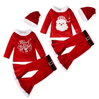 Рождественские Зимние топы с длинными рукавами для маленьких девочек + расклешенные брюки, комплекты одежды из 3 предметов, Новогодний детский костюм для малышей