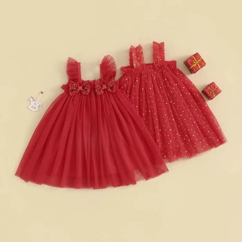 Рождественское платье для новорожденных девочек от 6 м до 4 лет, красное фатиновое платье с бантом и пайетками, вечерние платья для девочек, рождественские костюмы