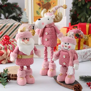 Розовые рождественские куклы большого размера, Выдвижные Рождественские украшения Санта-Клауса, Снеговика, Лося, Подарочные фигурки для детей, украшение для Рождественской елки