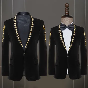 Роскошный бархатный мужской пиджак С золотой барочной цветочной вышивкой, Свадебное платье на одной пуговице, званый ужин, Певица, Черные блейзеры, пальто