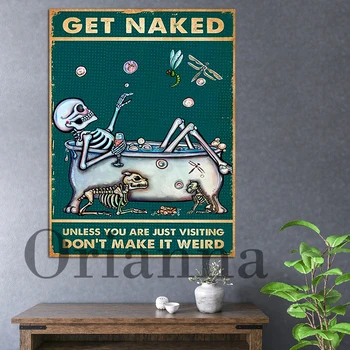 Скелет на Хэллоуин Раздевайся, если только ты не в гостях, Не делай это странным Винтажный забавный плакат со скелетом в туалете на холсте