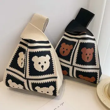 Сумки на запястье с Корейским узлом, вязаные сумки с маленьким медведем, женские сумки, модные простые сумки-тоут