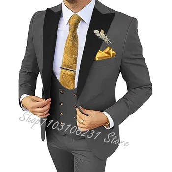 Темно-серый деловой мужской костюм из 3 предметов, пиджак, брюки, жилет, смокинги для жениха, формальный мужской блейзер приталенного кроя, костюм Homme