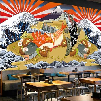 Фоновые обои для гурманов с лососем Укие-э 3D Японская кухня Суши Ресторан Izakaya Промышленный декор Настенные обои 3D