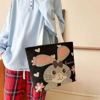 Цветочная вышивка Сумочка в этническом стиле Кролик Собака Холщовая сумка для кошек Хозяйственная сумка в Корейском стиле Мультяшная сумка через плечо с животными