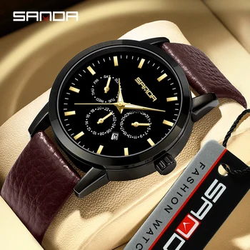 Часы бренда SANDA Мужские кварцевые электронные часы с модными тремя глазками и шестью иглами Упрощенный календарь с сетчатым ремешком Мужские часы
